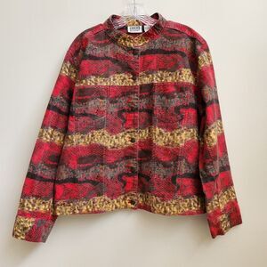 Chico's Design Jacket Womens 3 Red Leopard Print Denim Southwestern Santafe Chic